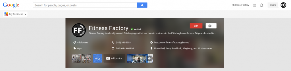 SnapRetail customer, Fitness Factory, shows their Google account Homepage