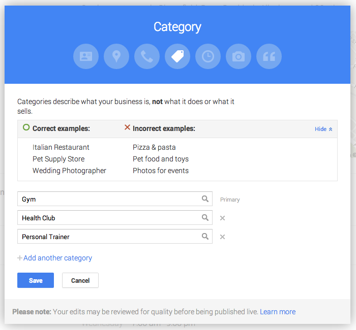 Editing the business category for Google