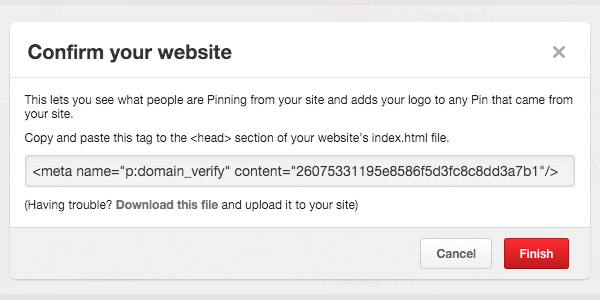 Confirm Website Code or HTML for Pinterest