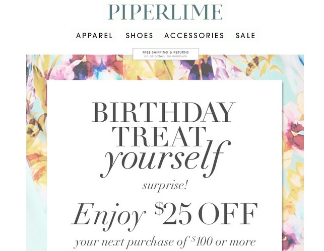 Piperlime showcasing a birthday auto responder email