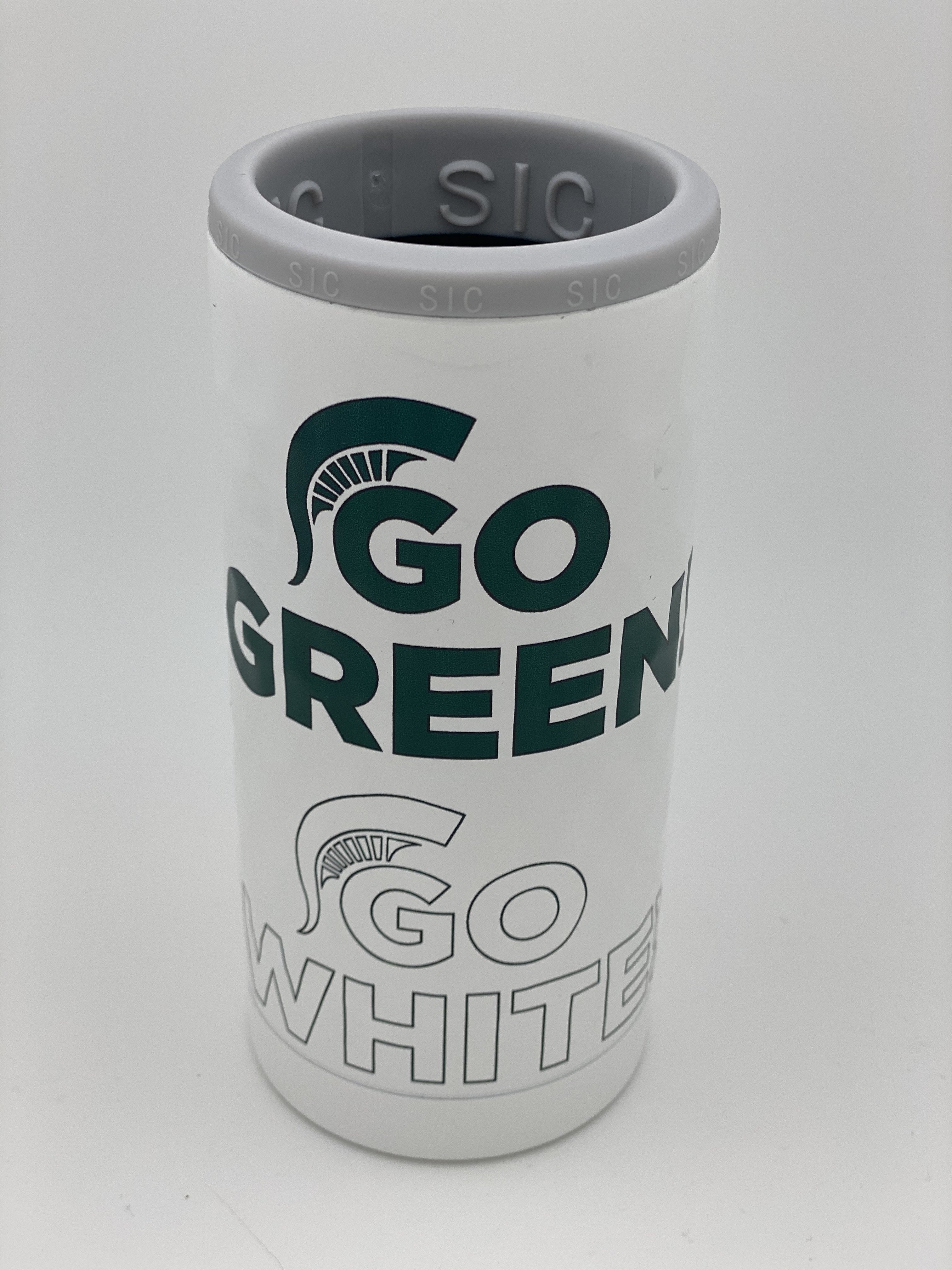 White Dimpled &quot;Go Green&quot; Slim Can Double Insulated Koozie