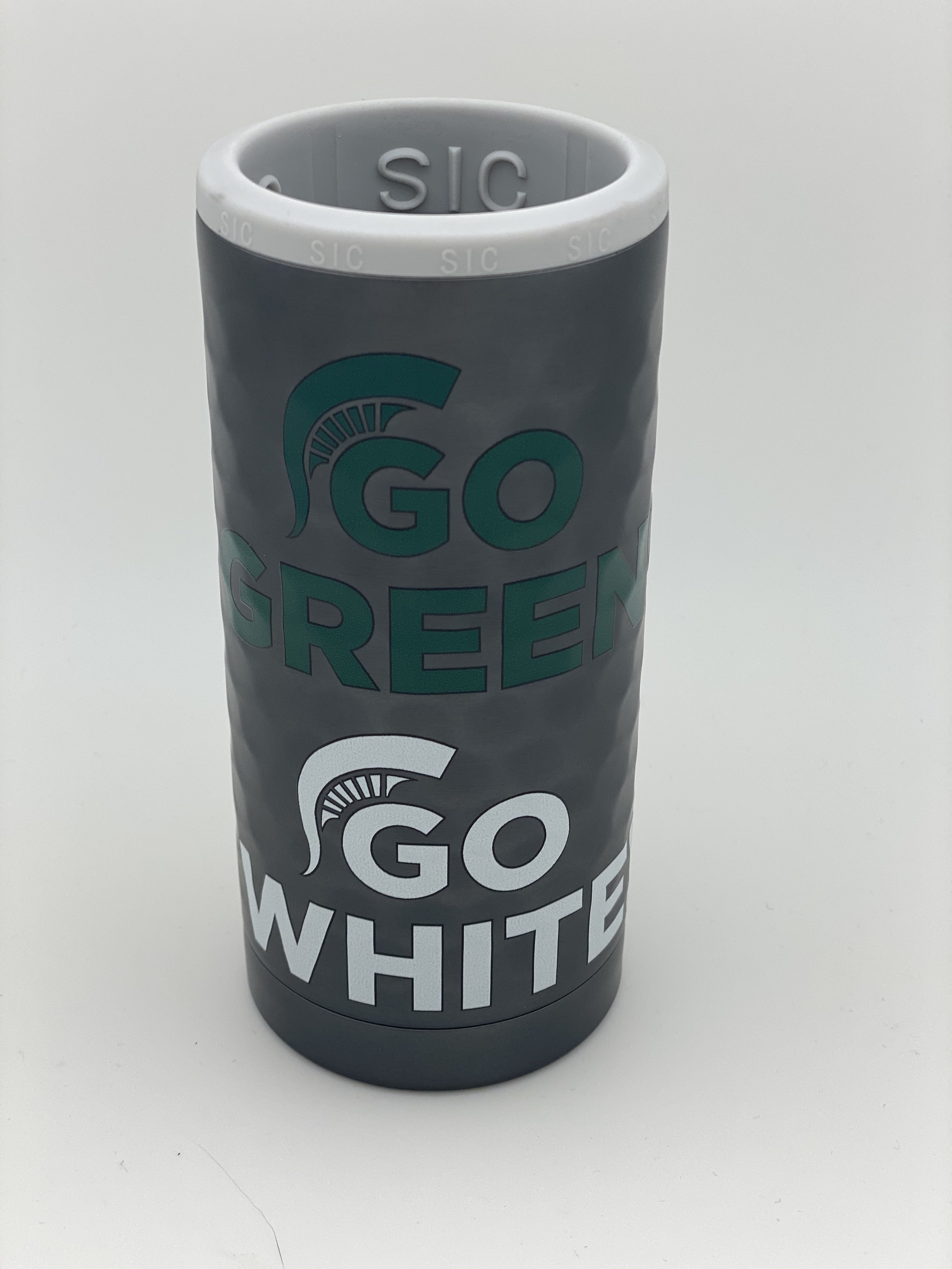 Gunmental Dimpled &quot;Go Green&quot; Slim Can Double Insulated Koozie