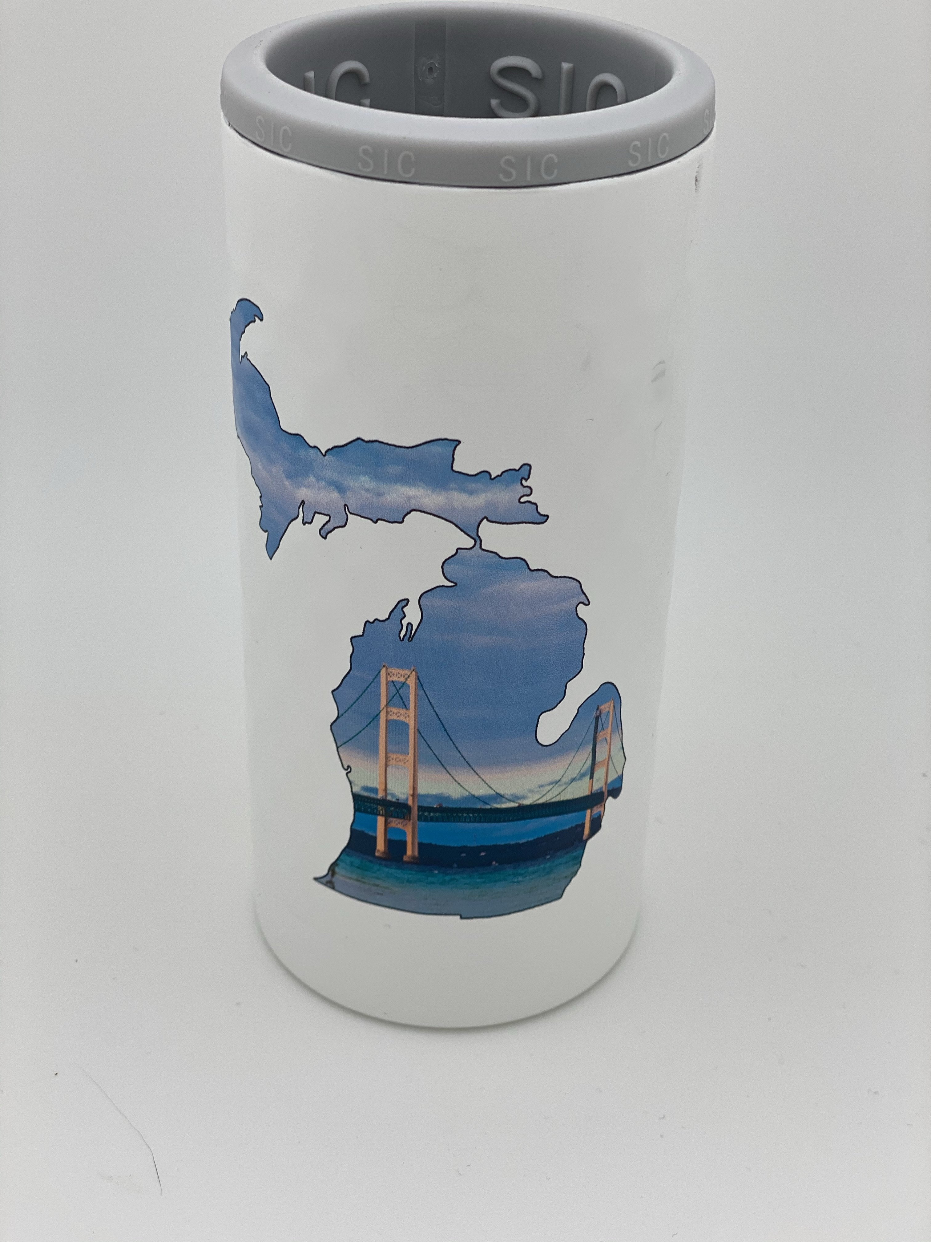 White Dimpled Mackinac Bridge Slim Can Double Insulated Koozie