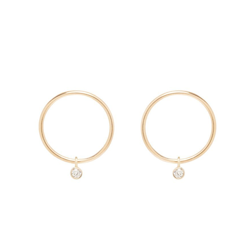 14K DANGLING BEZEL DIAMOND SMALL CIRCLE STUD EARRINGS