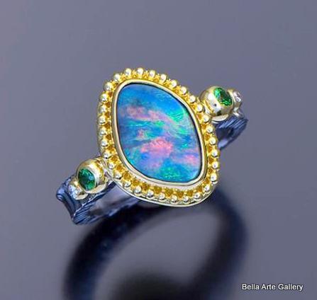 Australian Boulder Opal with Tsavorite Garnets & Diamonds Ring